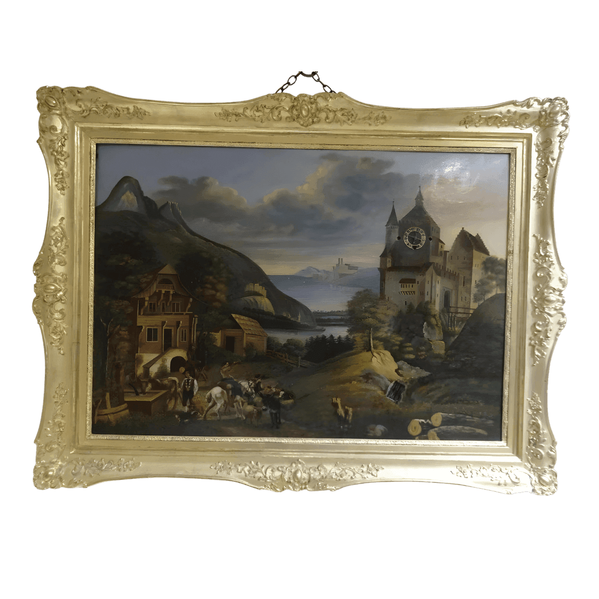 Bilderuhr mit drei Automaten ÖL/Blech Wien um 1840